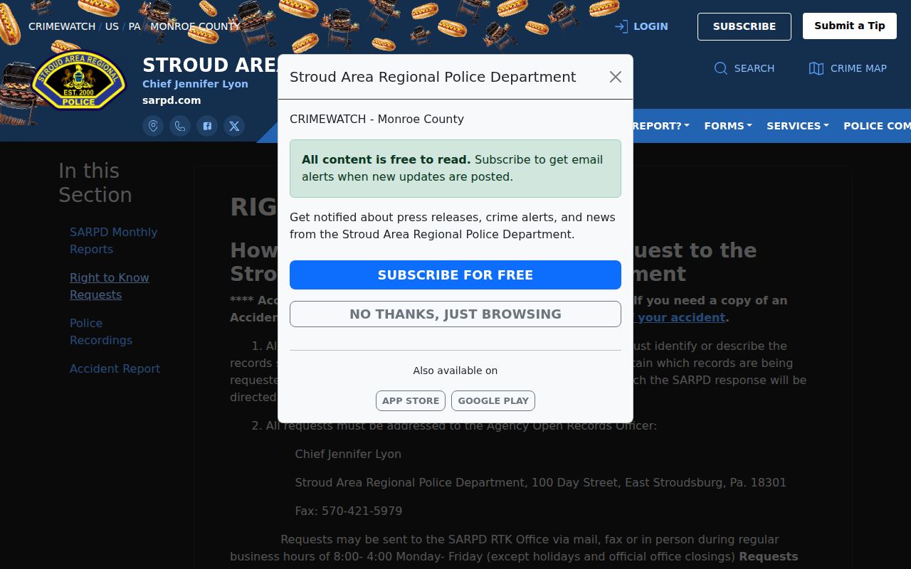 Monroe County East Stroudsburg SARPD public arrest records request page