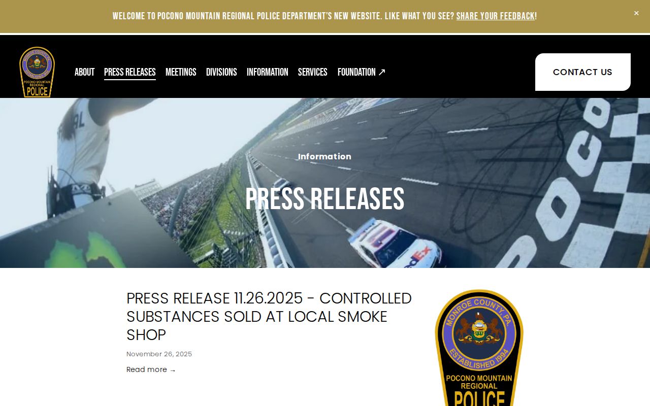 Pocono Mountain Regional Police Department press-release page for Monroe County event reporting